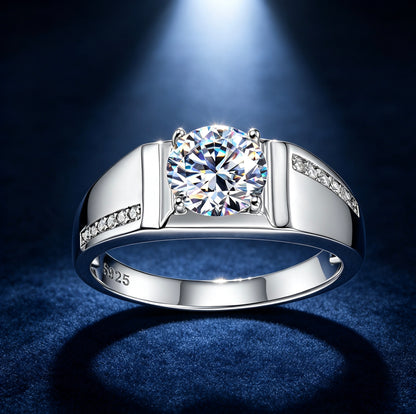 Men's S925 silver wedding ring with 1ct round brilliant moissanite and pavé accent stones.