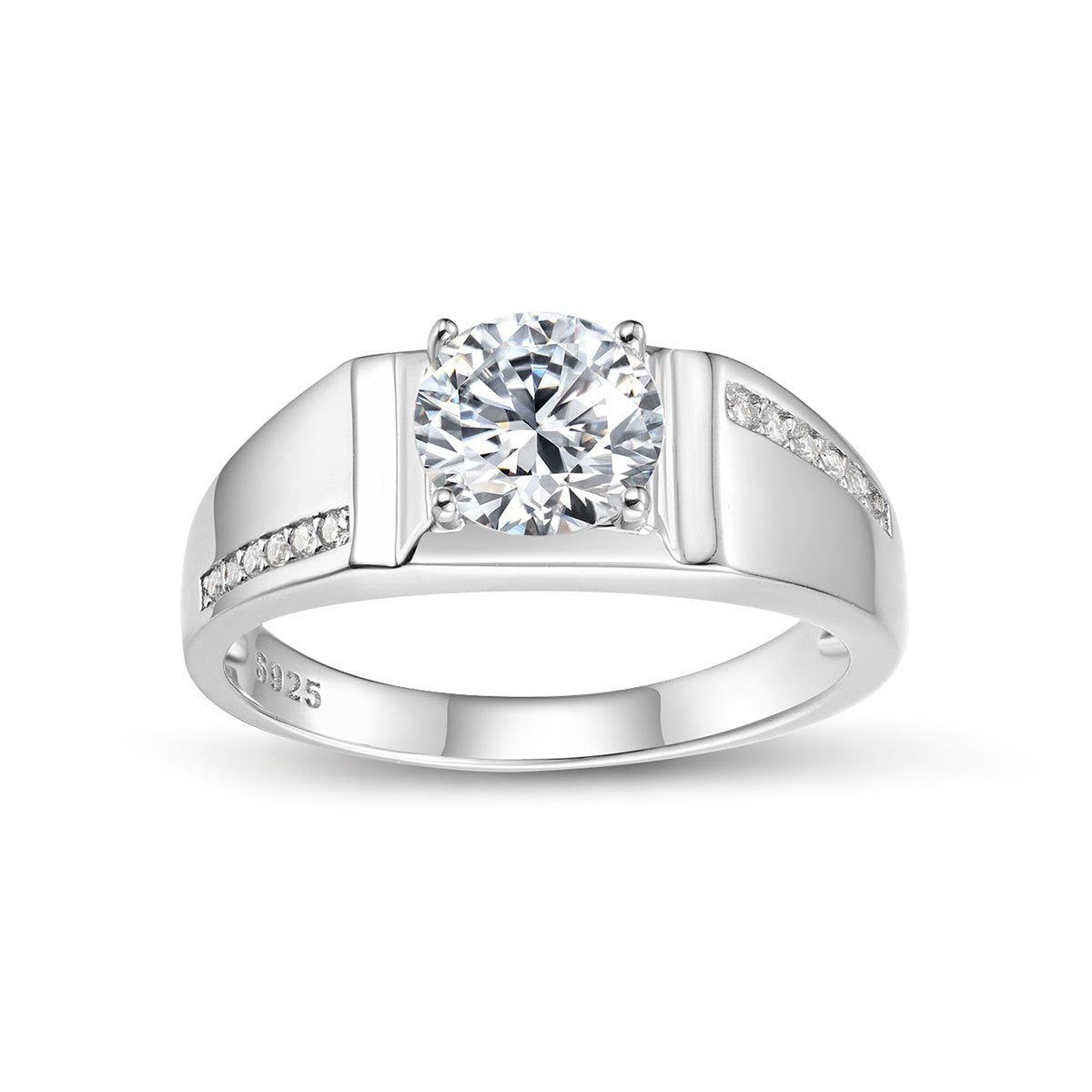 Men's S925 silver wedding ring with a 1ct round brilliant moissanite and pavé accent stones.