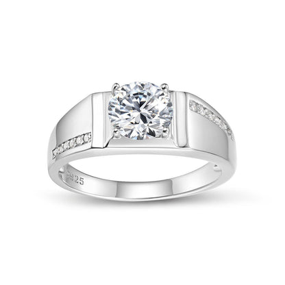 Men's S925 silver wedding ring with a 1ct round brilliant moissanite and pavé accent stones.