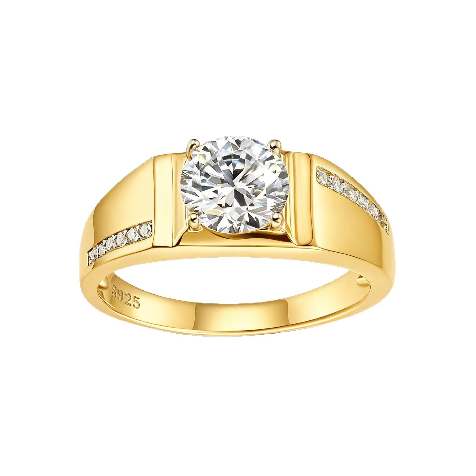 Men's gold S925 silver wedding ring with a 1ct round brilliant moissanite and pavé accent stones.