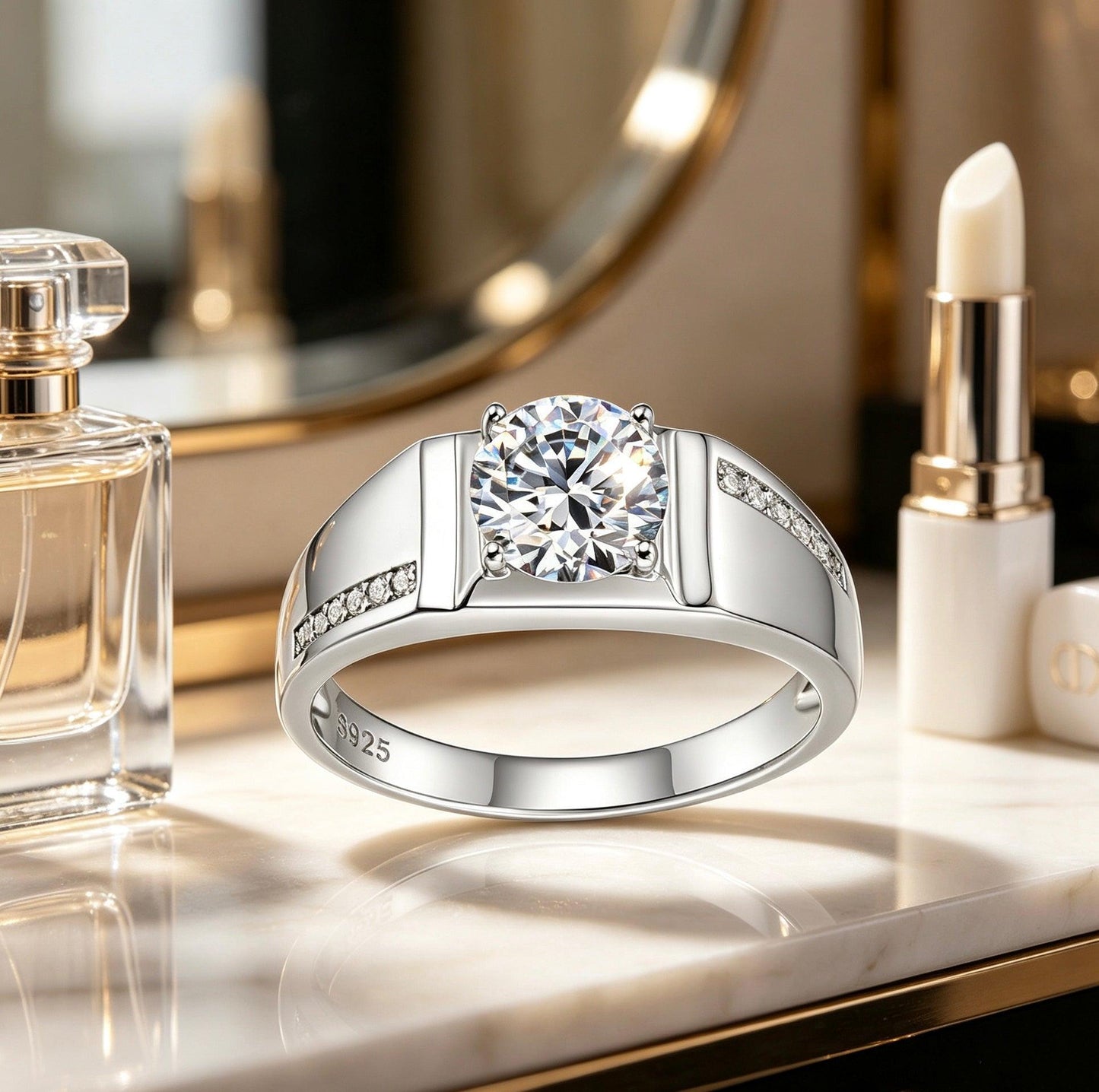 Men's S925 silver wedding ring with 1ct round brilliant moissanite and pavé accent stones.