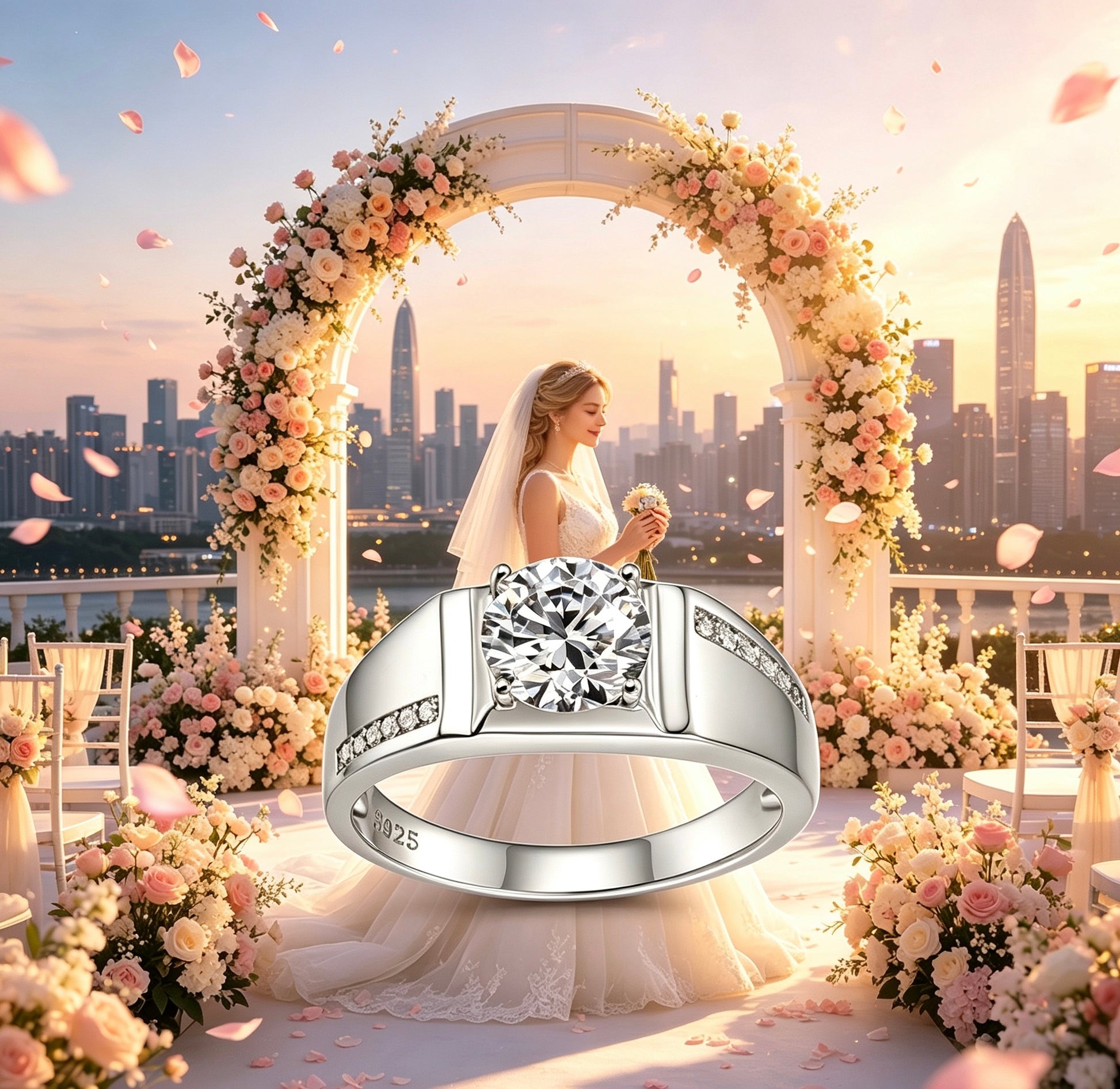 Men's 1ct round brilliant moissanite wedding ring with pavé S925 silver band, set against a wedding arch.