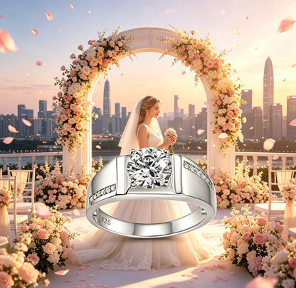 Men's 1ct round brilliant moissanite wedding ring with pavé S925 silver band, set against a wedding arch.