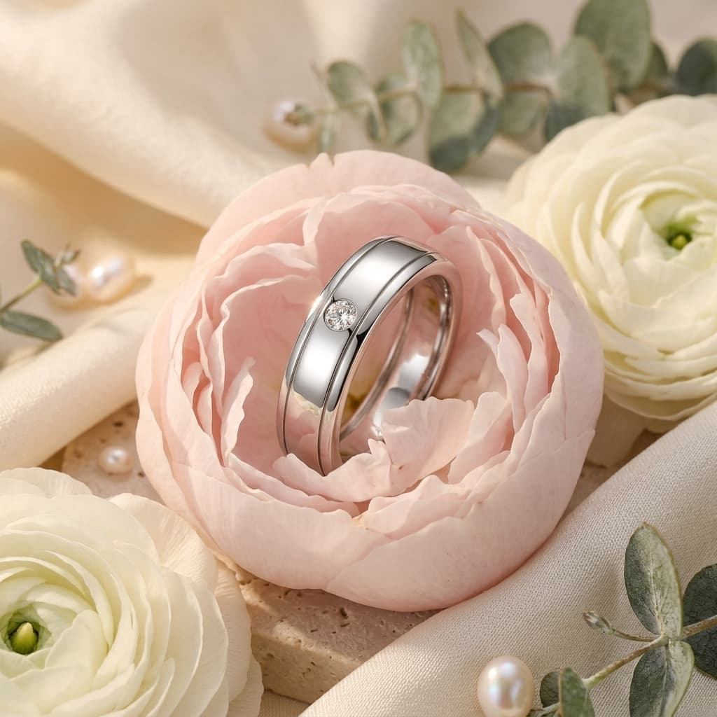 Men's minimalist S925 silver wedding ring with a single D-color moissanite, nestled in a pink flower.