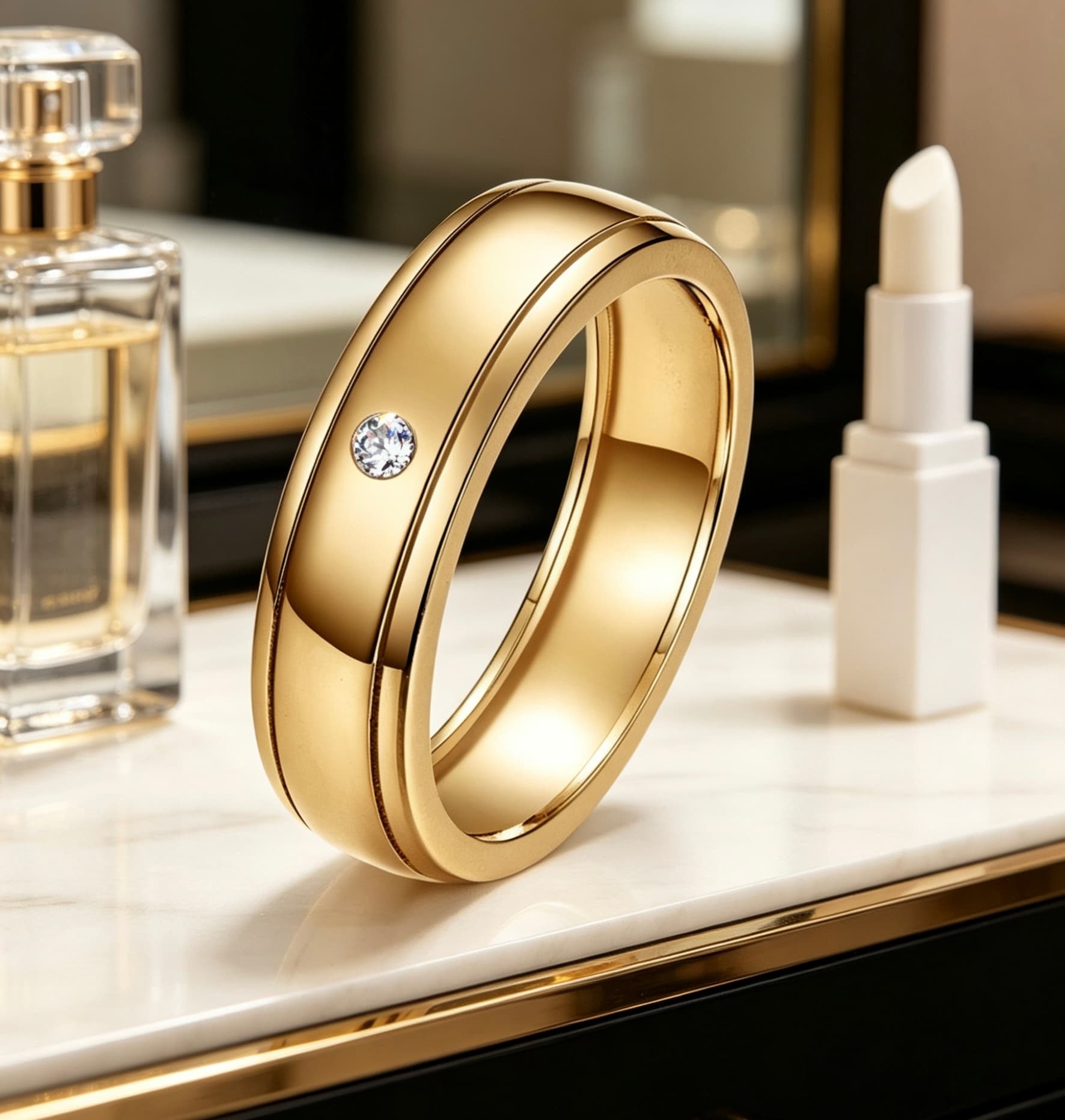 Men's gold S925 silver wedding ring with a single D-color moissanite, double rail, and domed center.