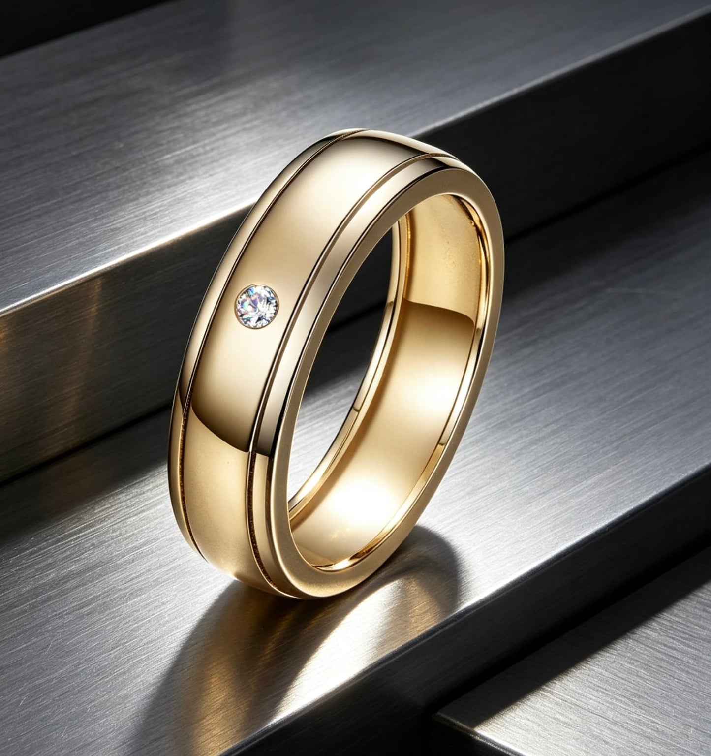 Men's gold-tone S925 silver wedding ring with a single D-color moissanite, double rail, and domed surface.