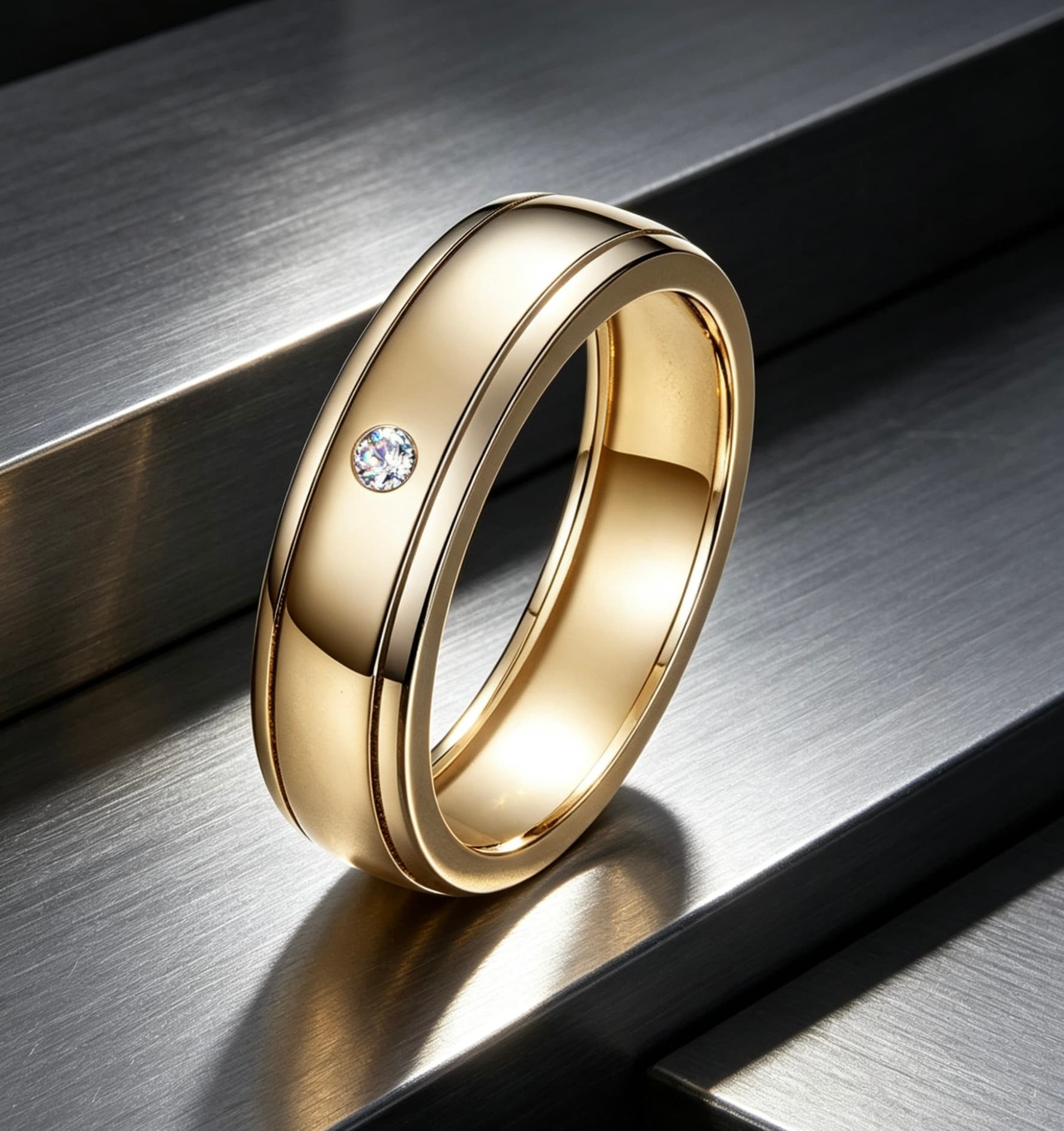 Men's gold-tone S925 silver wedding ring with a single D-color moissanite, double rail, and domed surface.