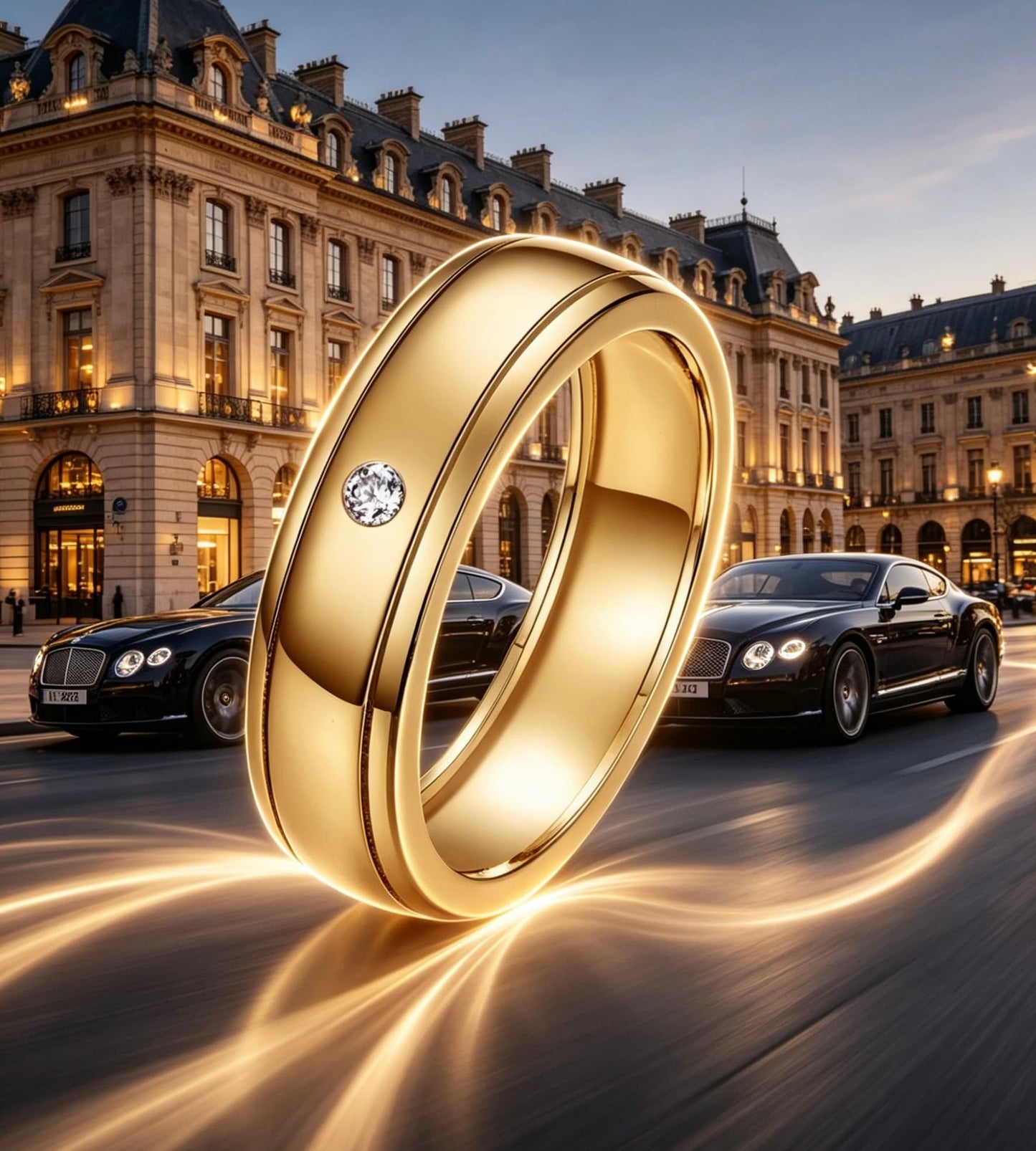 Gold men's moissanite wedding ring with a single D-color stone, double rail, and minimalist design.