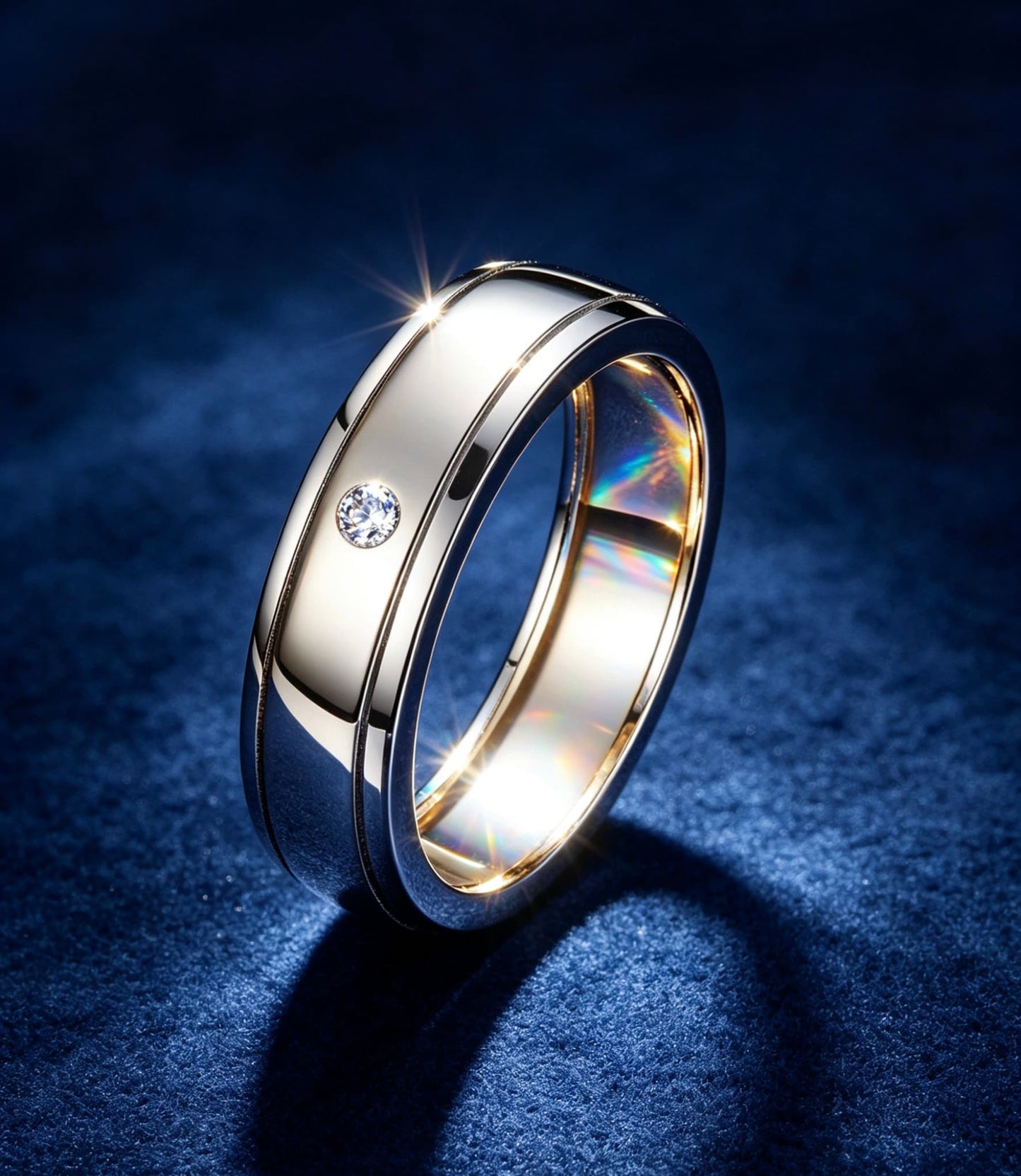 Men's S925 silver wedding ring with a single D-color moissanite, double rail, and domed minimalist design.