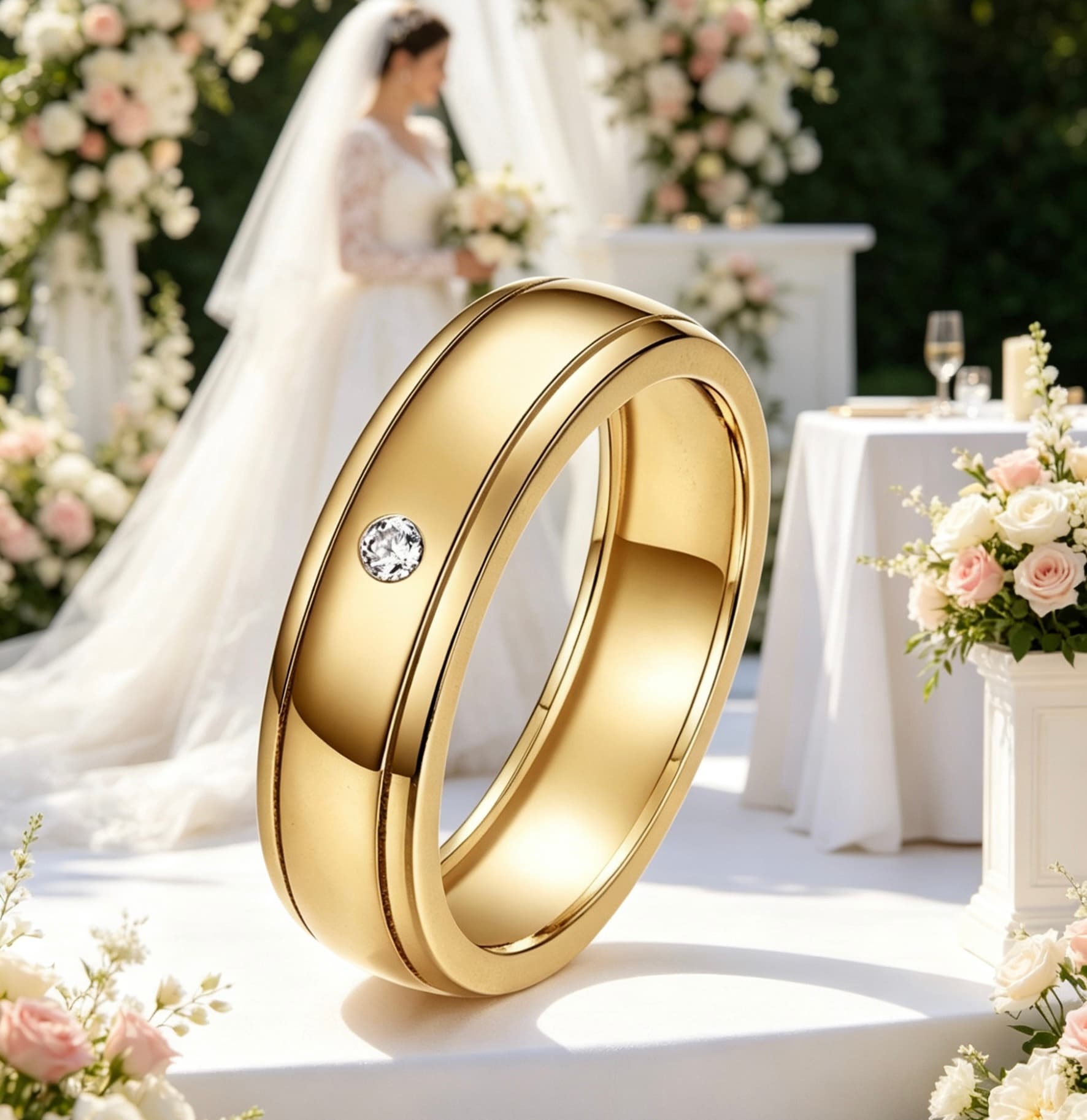 Men's gold-tone S925 silver wedding ring with a single D-color moissanite and double rail design.