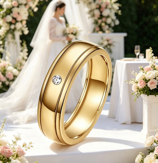Men's gold-tone S925 silver wedding ring with a single D-color moissanite and double rail design.
