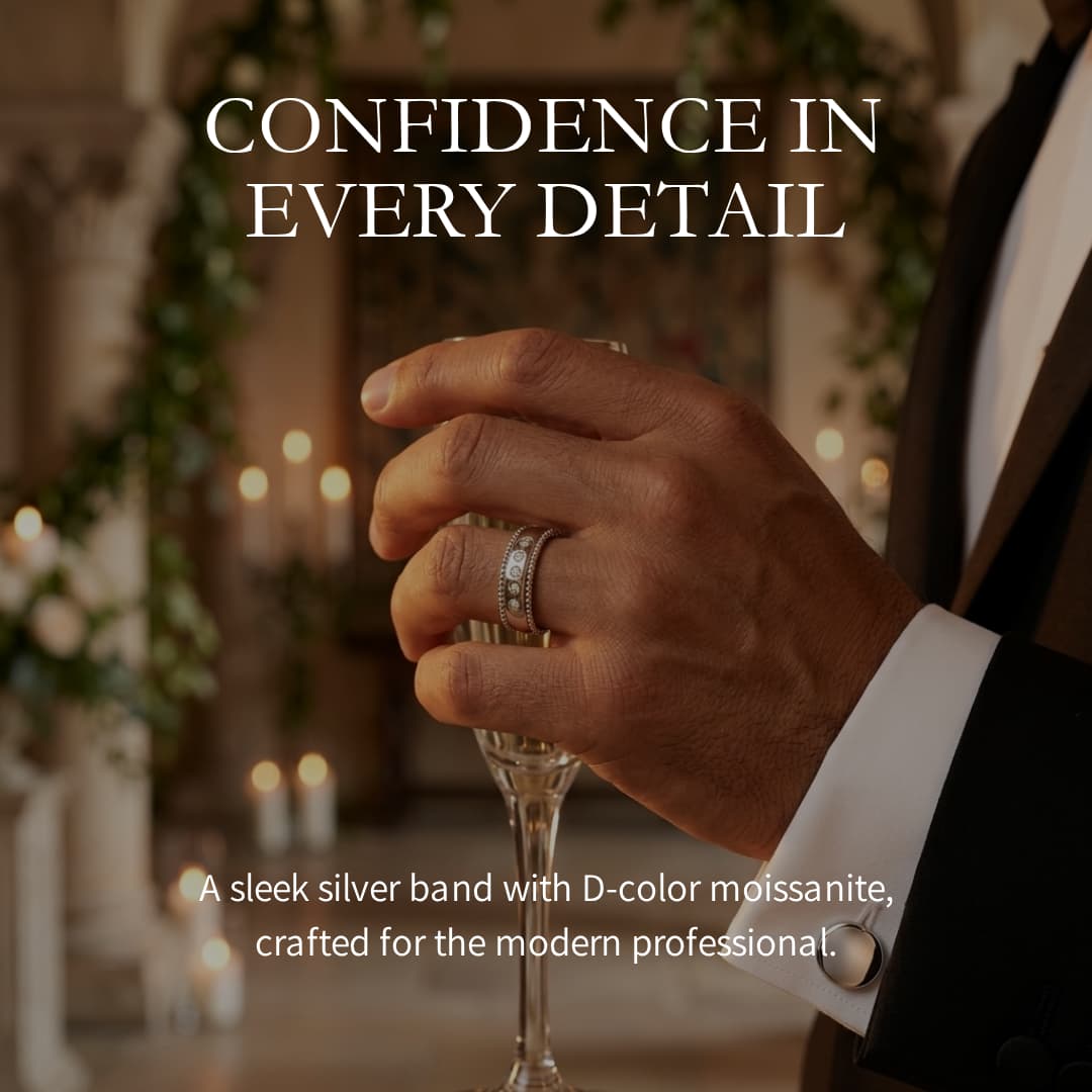 Men's wide S925 silver wedding ring with beaded edge and five D-color moissanite stones.