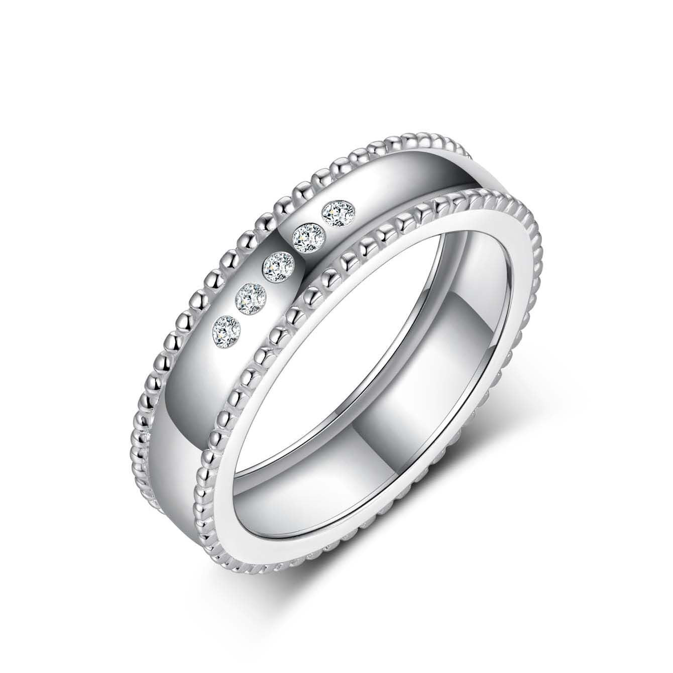 Men's S925 silver wide band ring with beaded edges and five D-color moissanite stones.