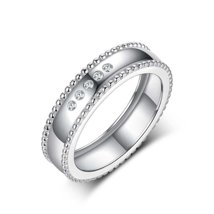 Men's S925 silver wide band ring with beaded edges and five D-color moissanite stones.