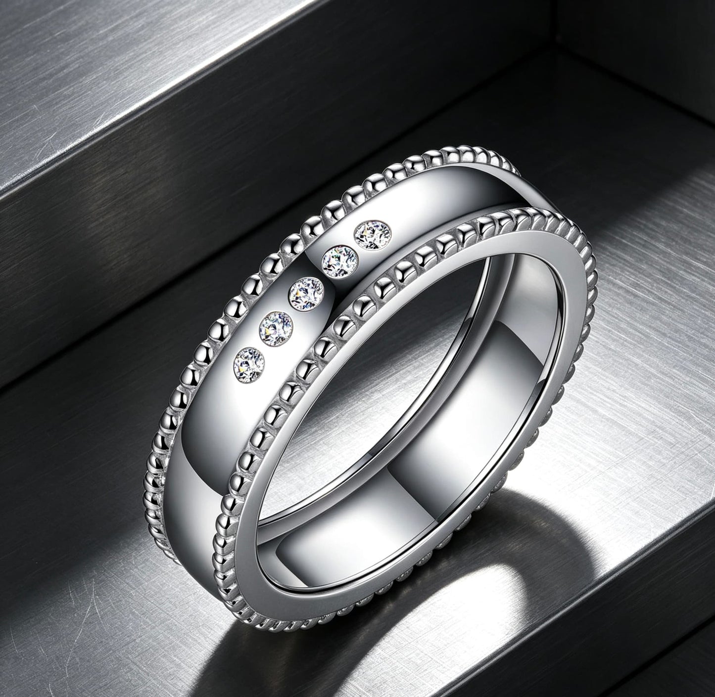 Men's S925 silver wide band wedding ring with beaded edges and five D-color moissanite stones.