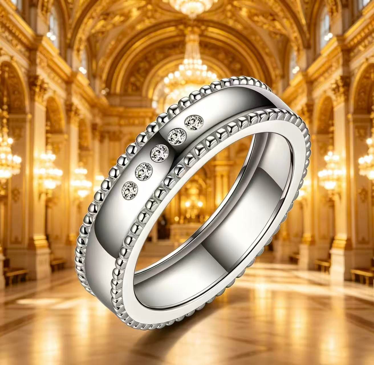 Men's wide S925 silver wedding ring with beaded edges and five D-color moissanite stones.