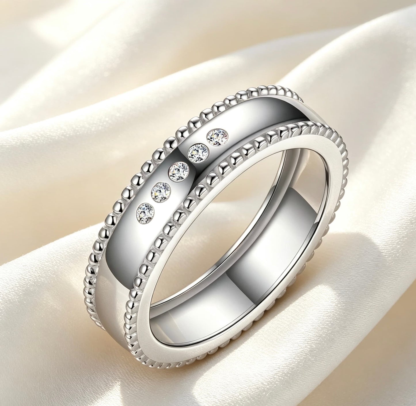 Men's wide S925 silver wedding ring with beaded edges and five D-color moissanite stones.