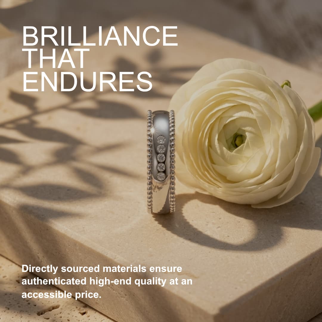 Men's wide S925 silver moissanite wedding ring with beaded edges and five D-color VVS1 stones.