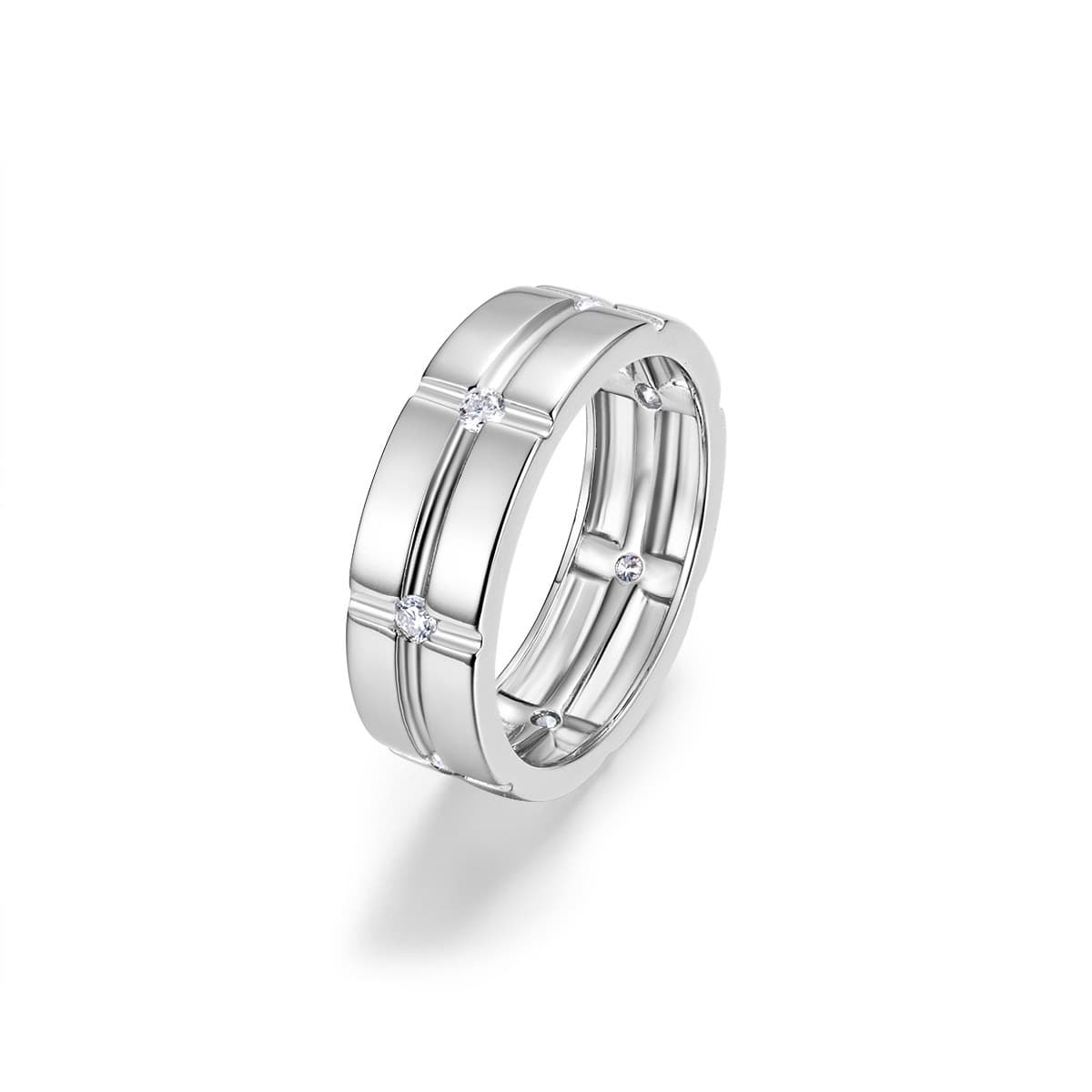 Men's wide S925 silver wedding band with a grid pattern and seven flush-set D-color moissanite stones.