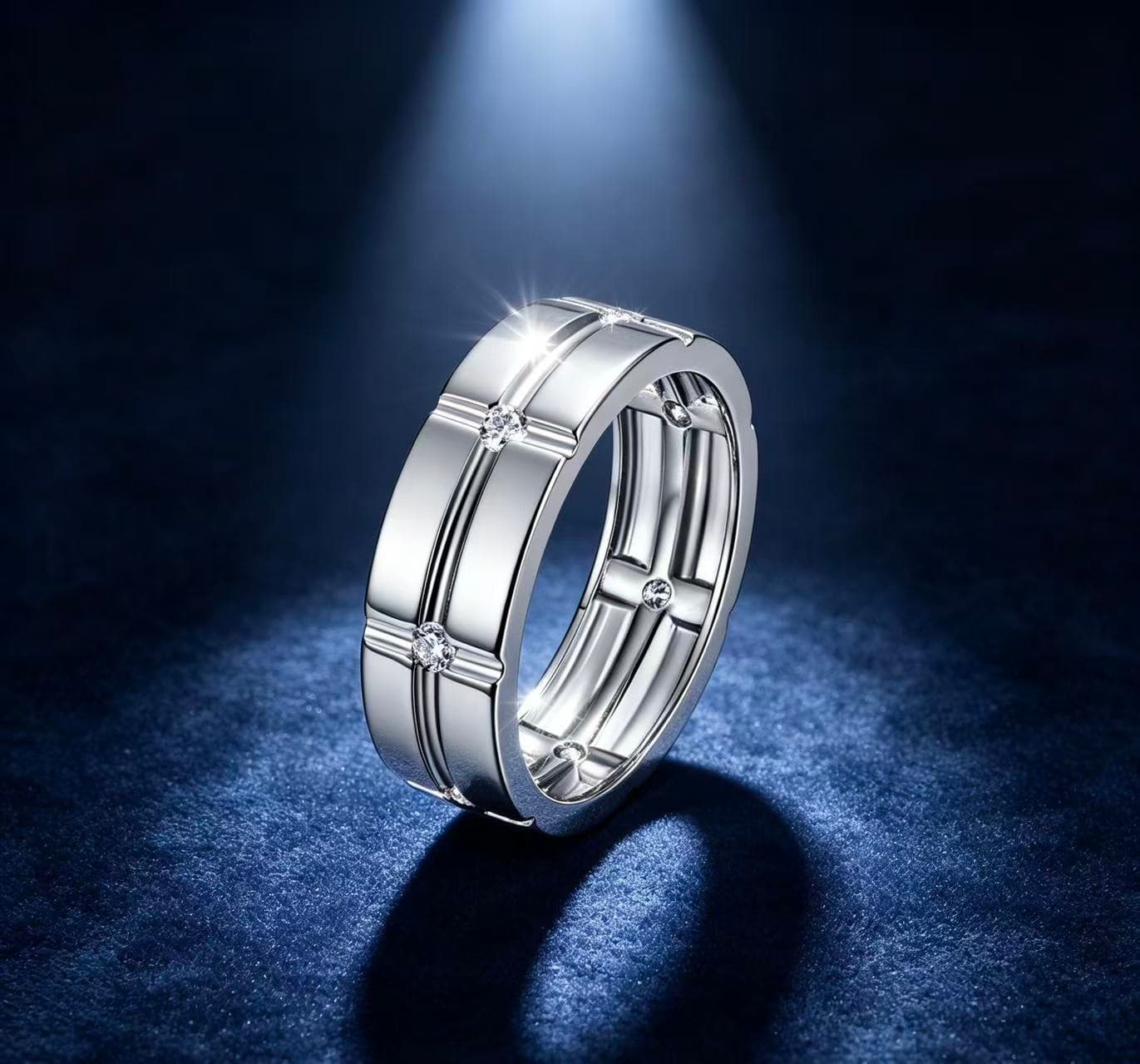 Men's S925 silver wide band wedding ring with a grid pattern and seven D-color moissanite stones.