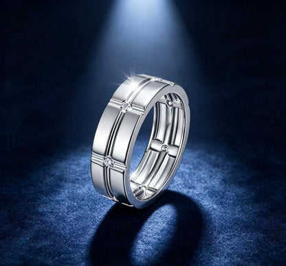 Men's S925 silver wide band wedding ring with a grid pattern and seven D-color moissanite stones.