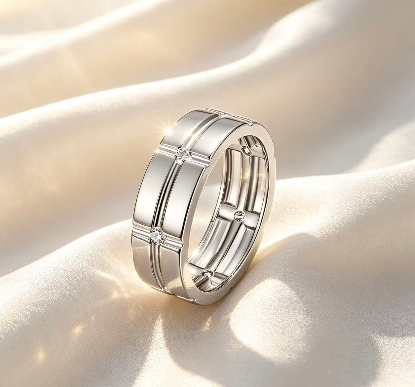 Men's wide S925 silver wedding ring with a grid pattern and seven flush-set D-color moissanite stones.