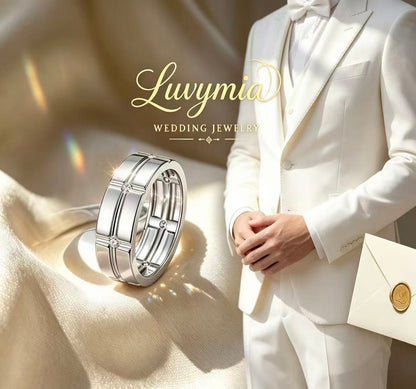 Men's Moissanite Wedding Ring · Wide Band Grid Pattern · D Color · 7-Stone · S925 Silver | LUVYMIA