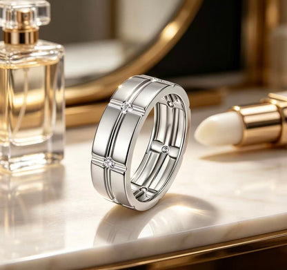 Men's Moissanite Wedding Ring · Wide Band Grid Pattern · D Color · 7-Stone · S925 Silver | LUVYMIA
