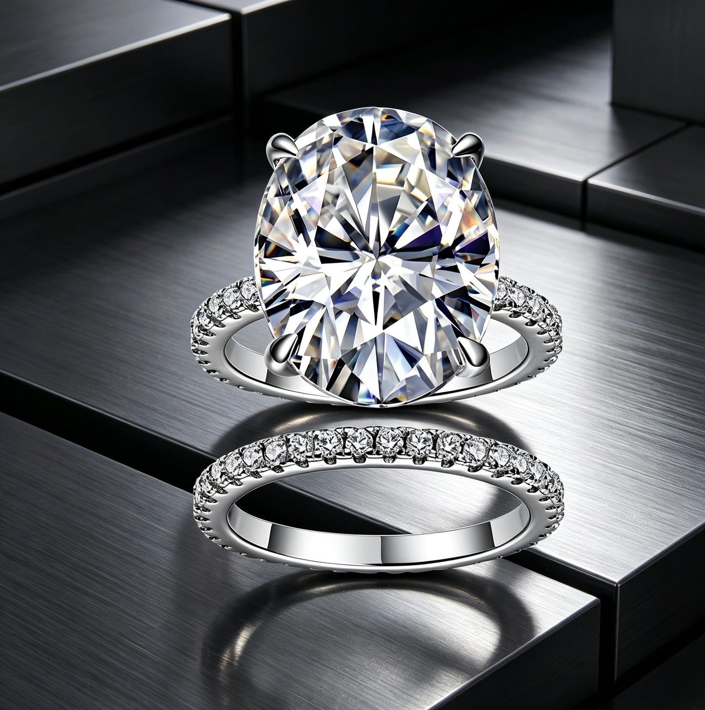 Oval Moissanite Bridal Set  · 12x16mm Engagement Ring + Eternity Band · Luxury Wedding Set S925 Silver | Luvymia
