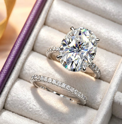 Oval Moissanite Bridal Set  · 12x16mm Engagement Ring + Eternity Band · Luxury Wedding Set S925 Silver | Luvymia