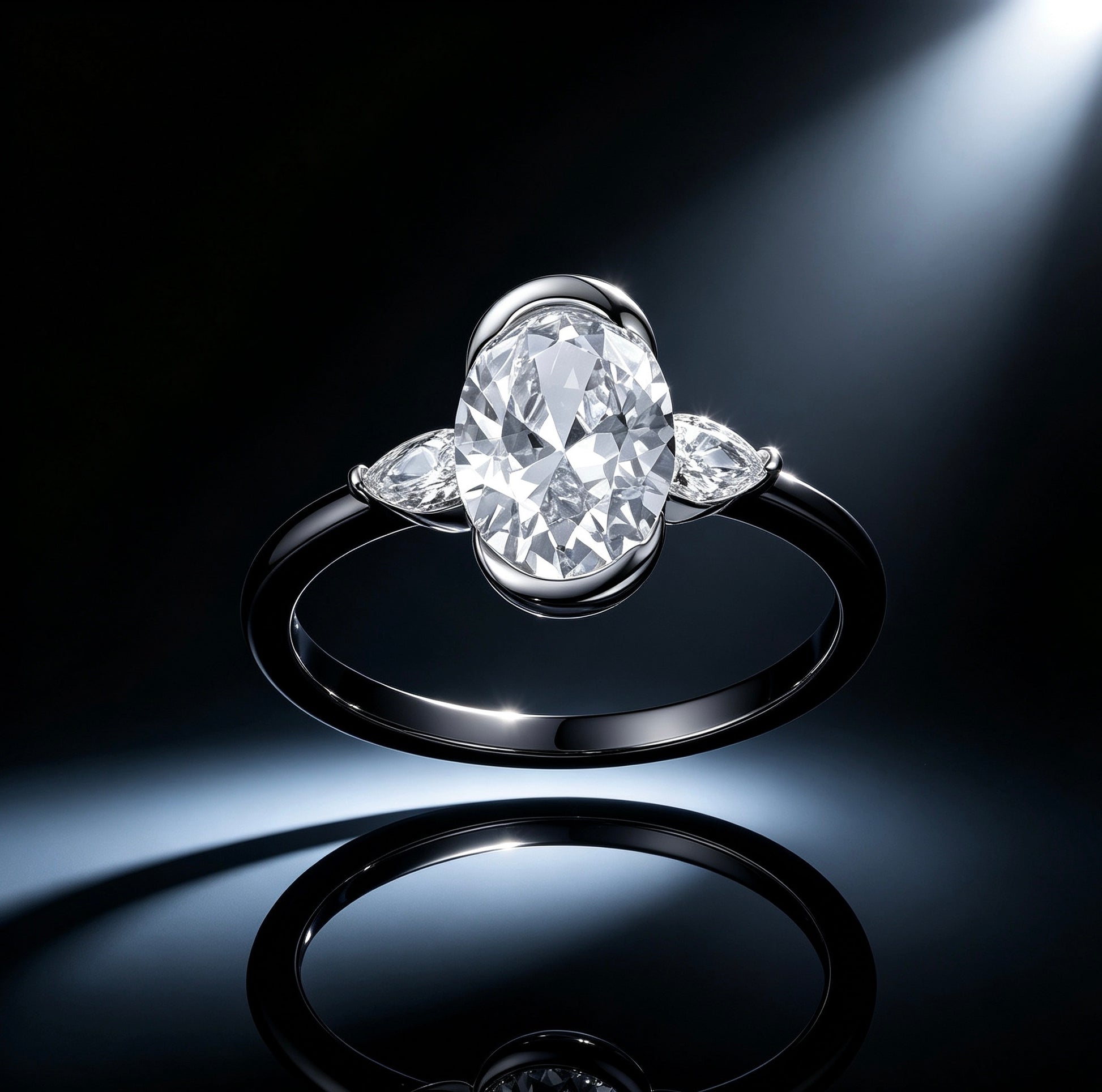Oval Three-Stone Moissanite Ring — D Color VVS1 · Pear Side Stones · S925 Silver | LUMINA VOW