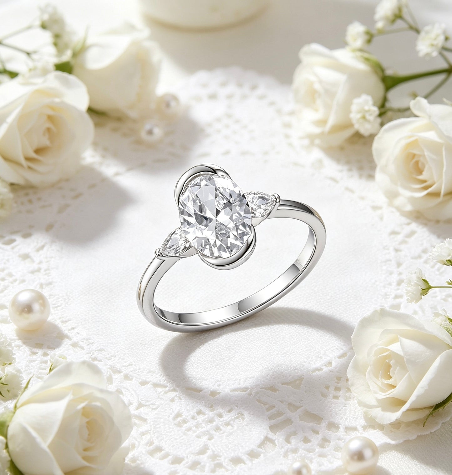 Oval Three Stone Moissanite Ring 7×10mm · Past Present Future · D Color VVS1 S925 Silver | Luvymia