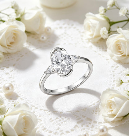 Oval Three Stone Moissanite Ring 7×10mm · Past Present Future · D Color VVS1 S925 Silver | Luvymia