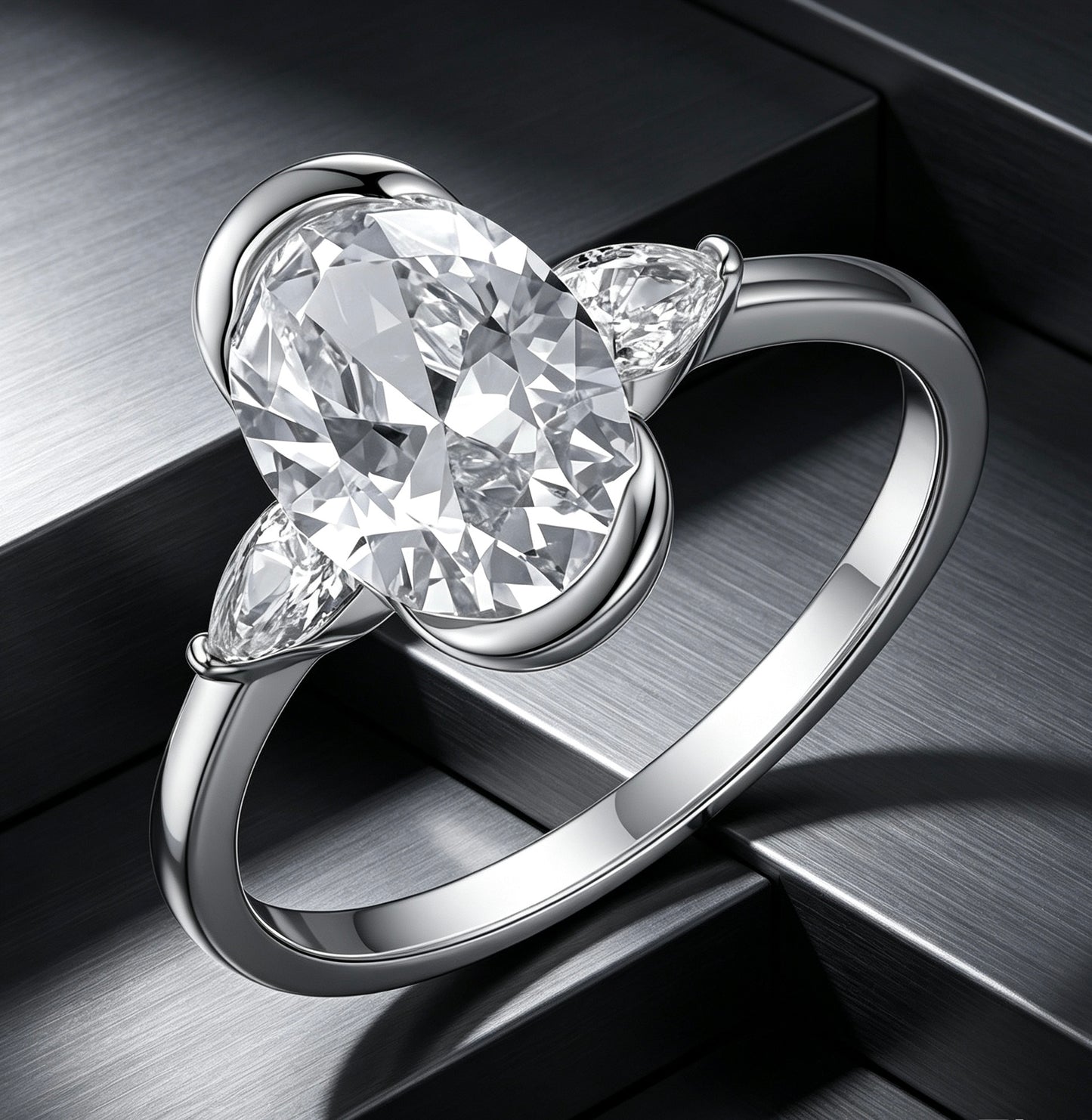 Oval Three Stone Moissanite Ring 7×10mm · Past Present Future · D Color VVS1 S925 Silver | Luvymia