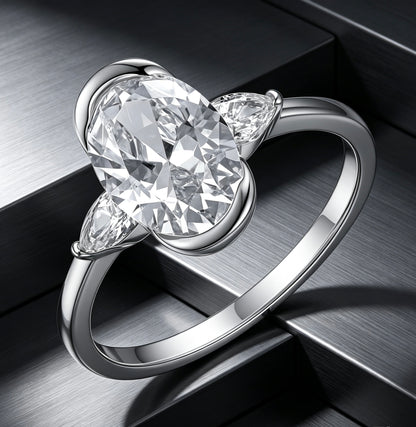 Oval Three Stone Moissanite Ring 7×10mm · Past Present Future · D Color VVS1 S925 Silver | Luvymia