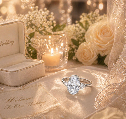 Oval Three-Stone Moissanite Ring — D Color VVS1 · Pear Side Stones · S925 Silver | LUMINA VOW