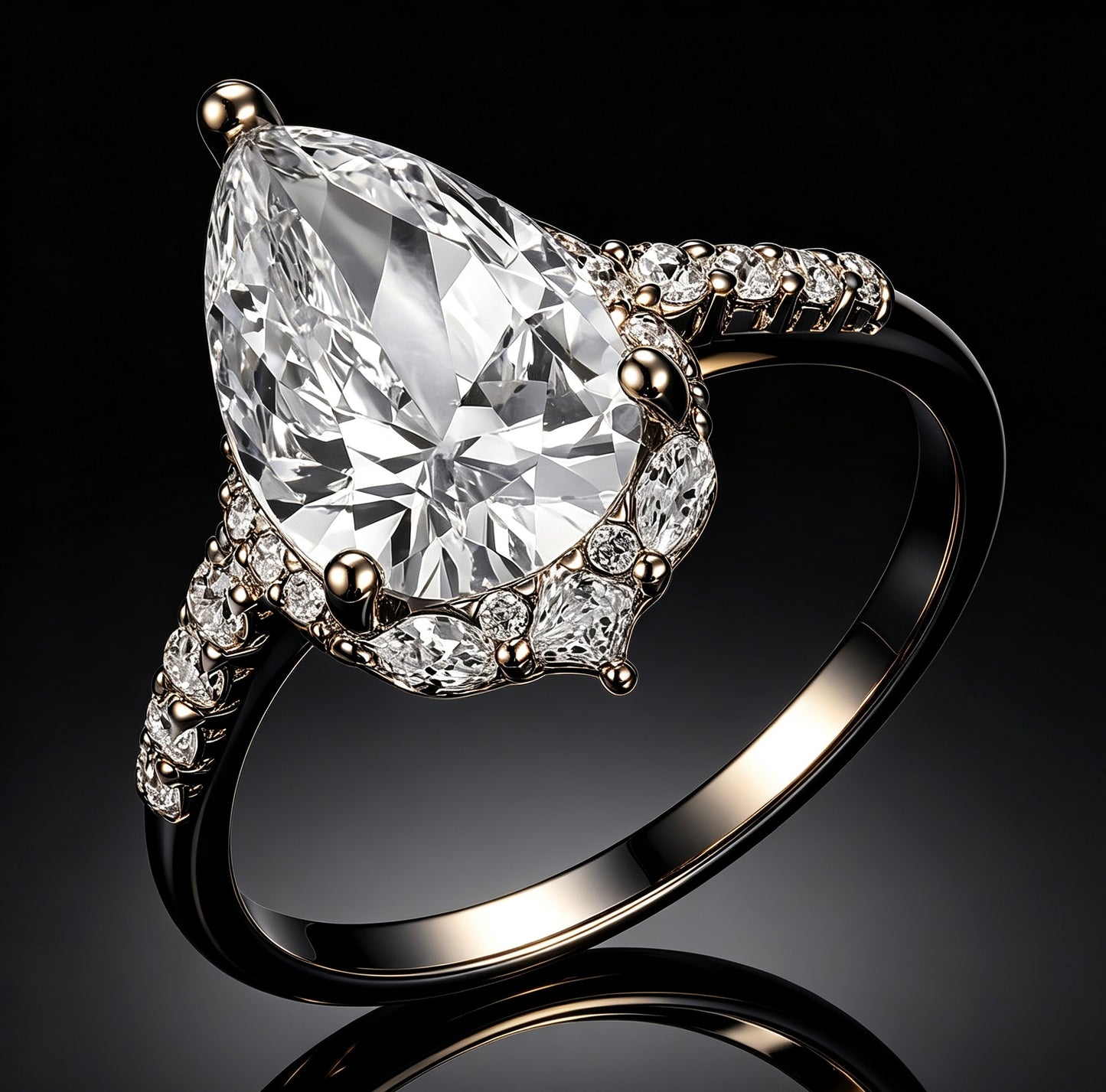 Pear-cut 8x12mm D color moissanite halo ring with marquise and pavé accents on S925 silver.