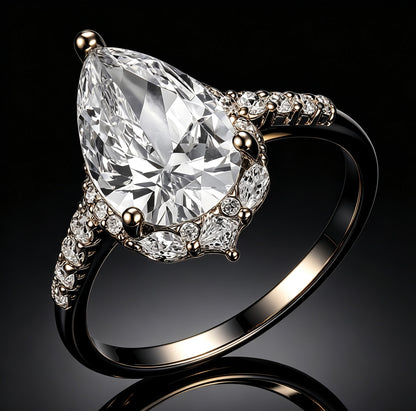 Pear-cut 8x12mm D color moissanite halo ring with marquise and pavé accents on S925 silver.