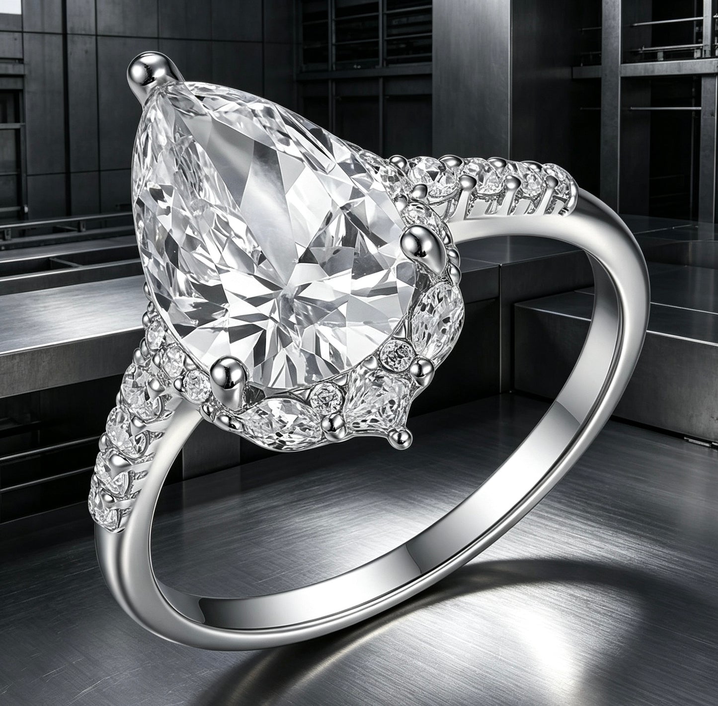 8x12mm pear-cut D color VVS1 moissanite halo ring with marquise and pavé accents on S925 silver.