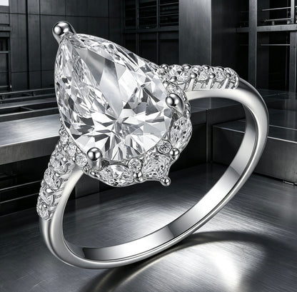 8x12mm pear-cut D color VVS1 moissanite halo ring with marquise and pavé accents on S925 silver.