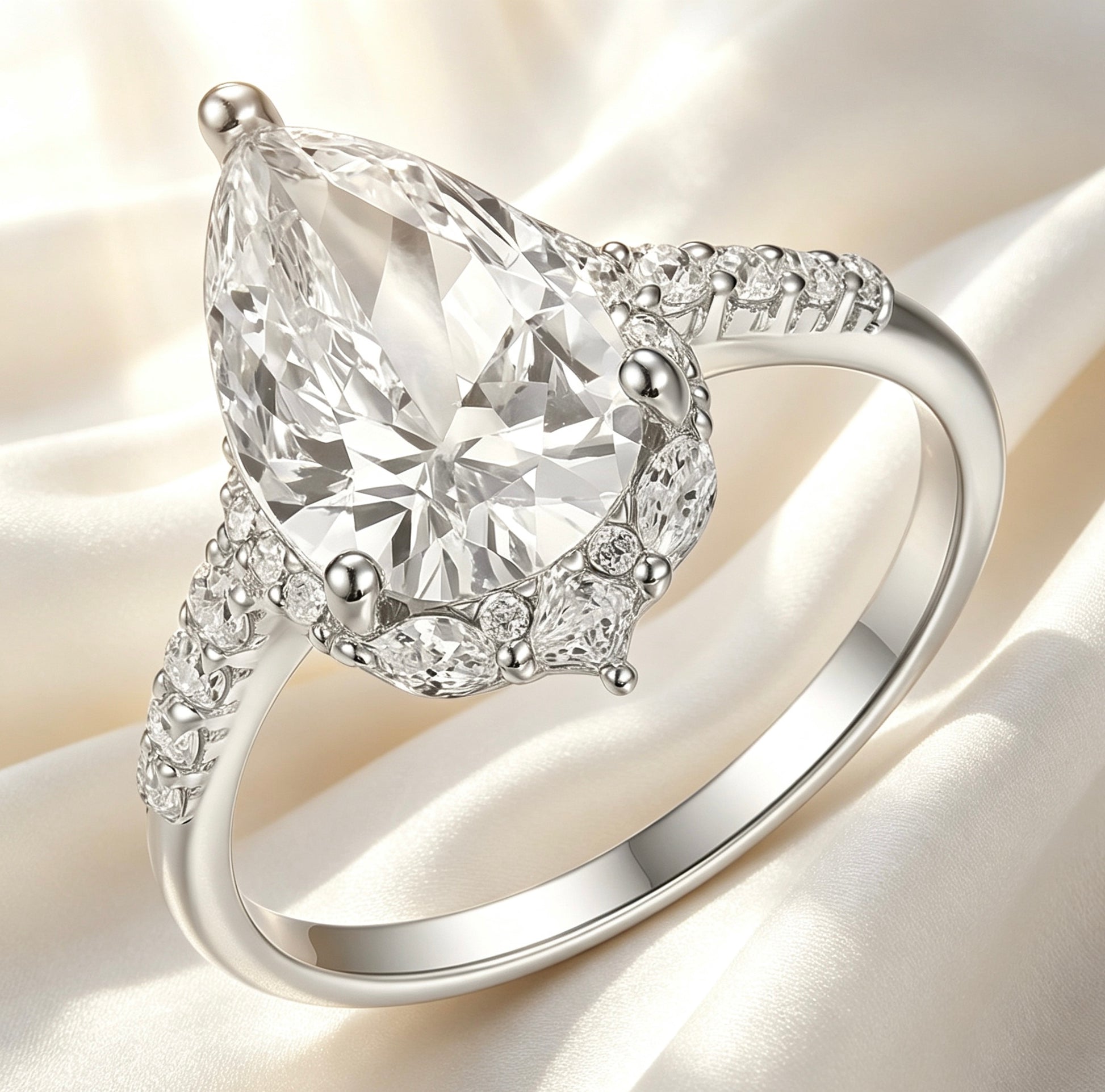 8x12mm pear-cut D color moissanite halo ring with marquise and pavé accents in S925 silver.