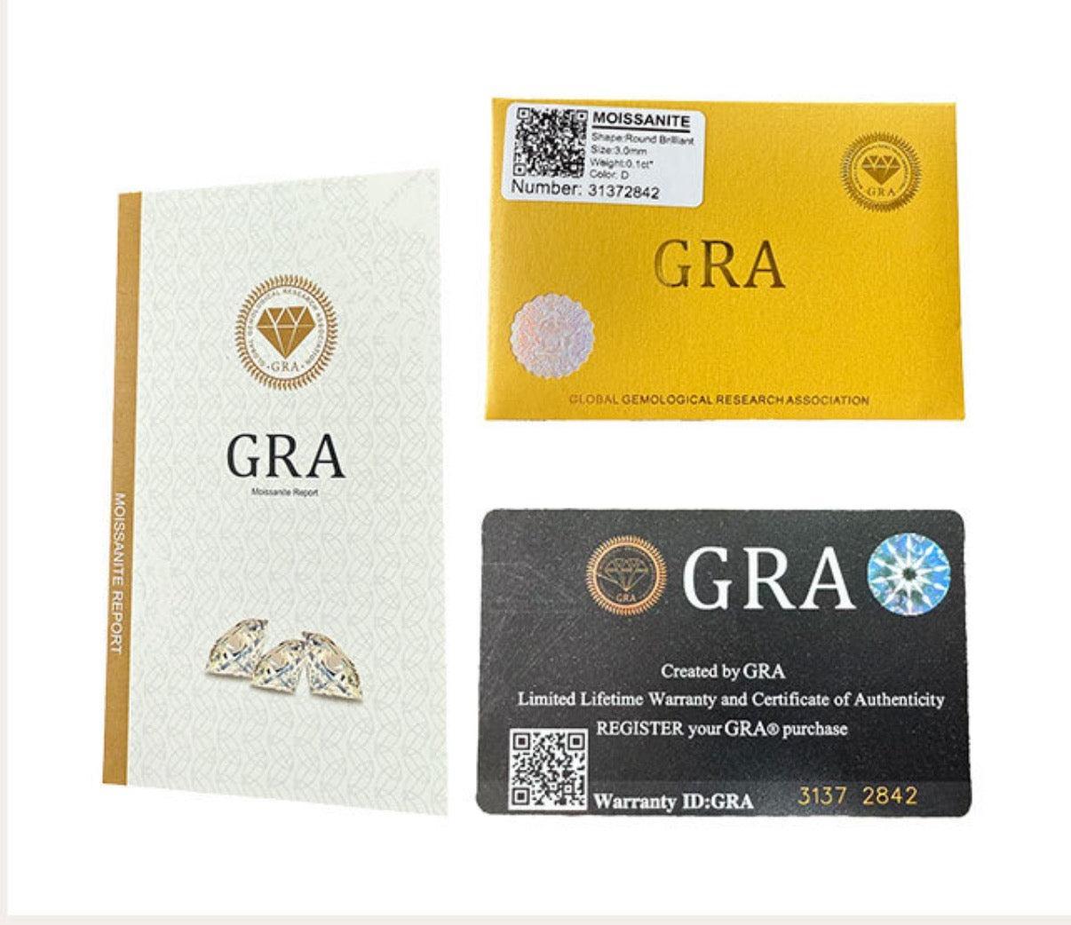 GRA Moissanite Report booklet, yellow certificate card, and black authenticity card with QR code.