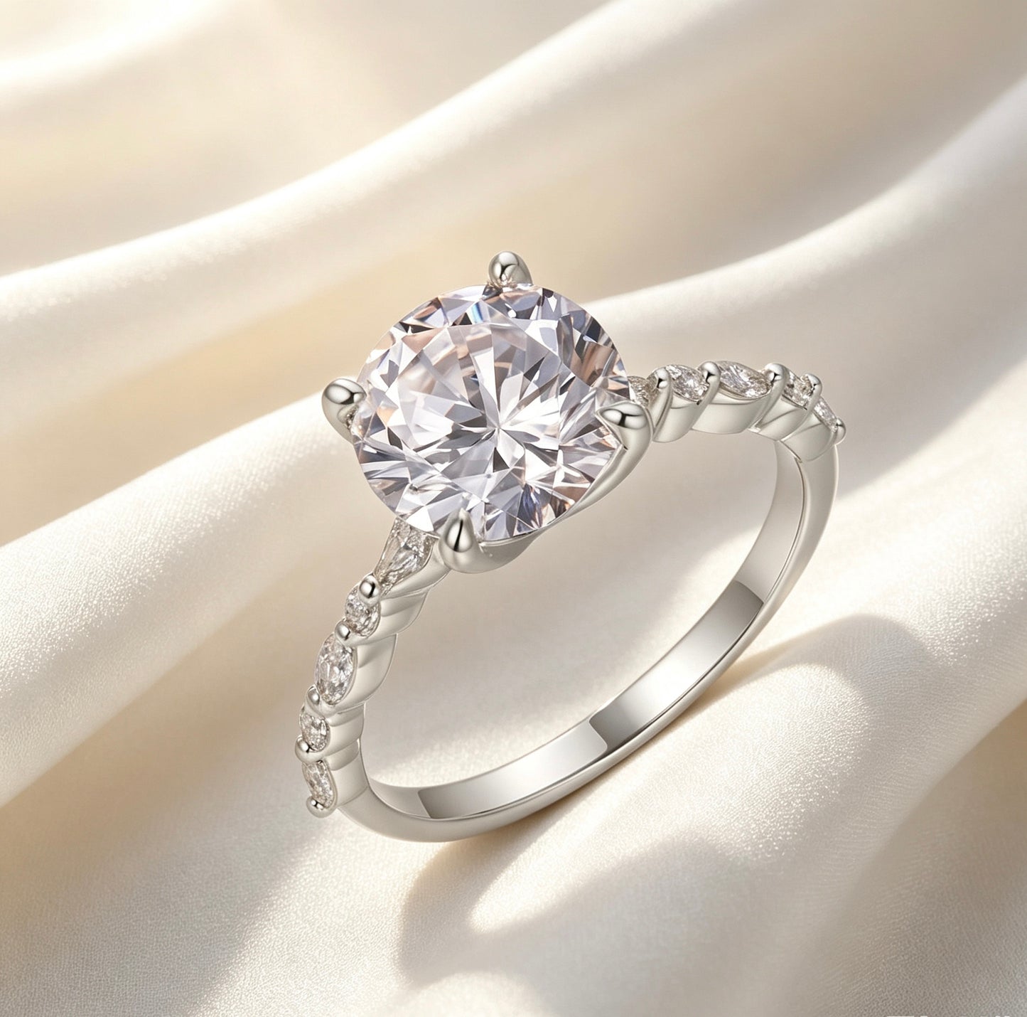 Round Moissanite Ring 9mm — D Color VVS1 · Marquise Band · S925 Silver | Luvymia