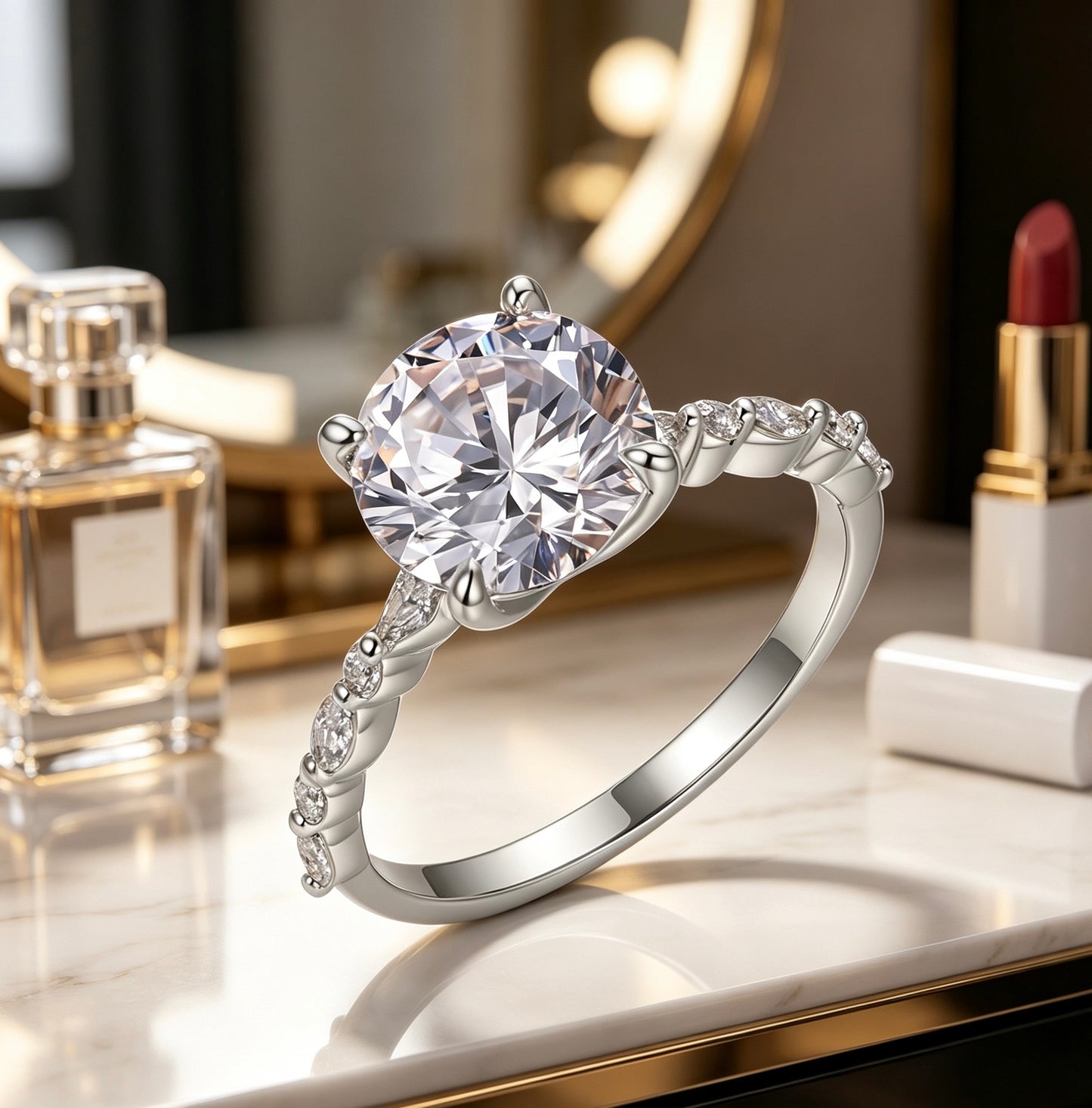 Round Moissanite Ring 9mm — D Color VVS1 · Marquise Band · S925 Silver | Luvymia