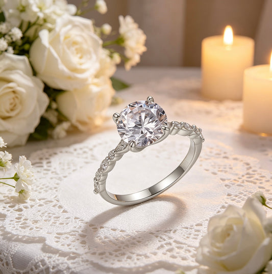 Round Moissanite Ring 9mm — D Color VVS1 · Marquise Band · S925 Silver | Luvymia