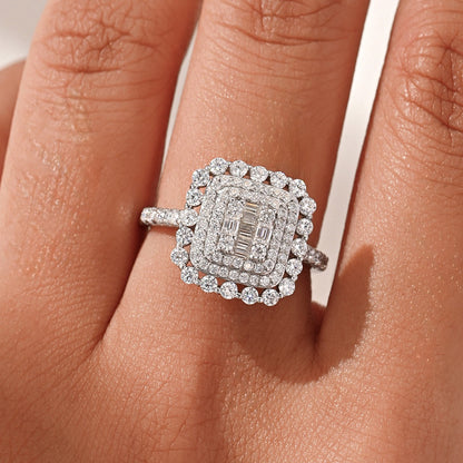 Square Double Halo Moissanite Ring — D Color · 93 Stones · Baguette Cluster · S925 Silver | Luvymia