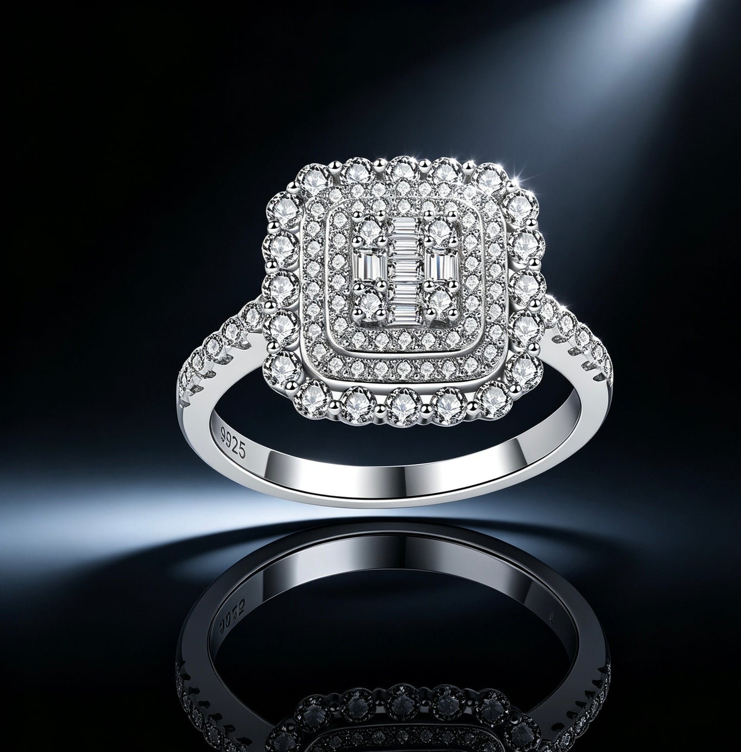 Square Double Halo Moissanite Ring — D Color · 93 Stones · Baguette Cluster · S925 Silver | Luvymia