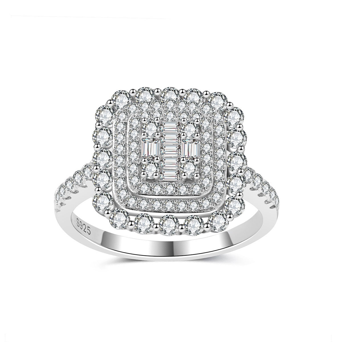 Square Double Halo Moissanite Ring — D Color · 93 Stones · Baguette Cluster · S925 Silver | Luvymia