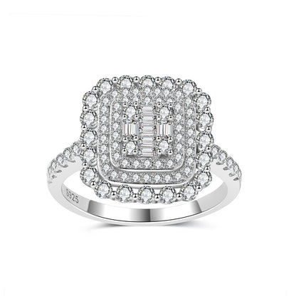 Square Double Halo Moissanite Ring — D Color · 93 Stones · Baguette Cluster · S925 Silver | Luvymia
