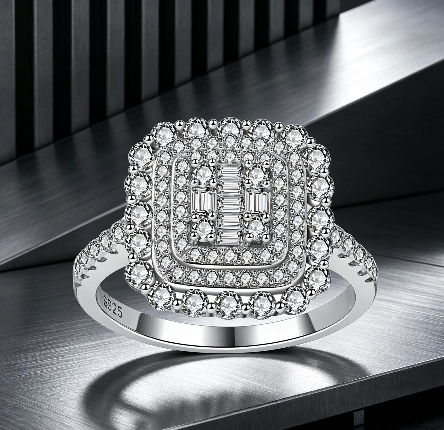 Square Double Halo Moissanite Ring — D Color · 93 Stones · Baguette Cluster · S925 Silver | Luvymia
